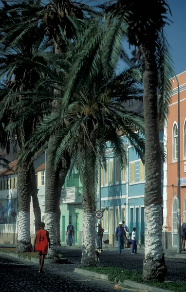 在非洲的佛得角群岛圣佩德罗岛上的明德卢市 有殖民地住宅的小巷 佛得角 圣地亚哥 2000年5月 — 图库照片