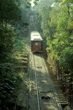Victoria Limanı manzaralı Peak Tram İstasyonu 'na giden bir tramvay ve Hongkong' daki Victoria Tepesi perspektifinden Central Hong Kong 'a giden bir tramvay. Çin, Hong Kong, Mayıs 1997