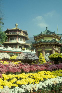 Hong Kong 'daki Hong Kong şehrindeki bir parkta tanımlanamayan ve isimsiz bir Çin tapınağı. Çin, Hong Kong, Mayıs 1997