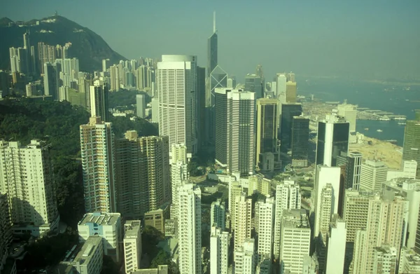 Una Vista Del Puerto Victoria Horizonte Hongkong Central Desde Mirador — Foto de Stock
