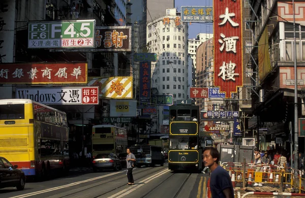 Una Ciudad Hong Kong Tranvía Dos Pisos Tren Centro Hong — Foto de Stock