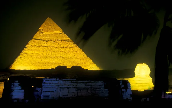 Pyramiderna Giza Vid Ljusshow Nära Staden Kairo Huvudstaden Egypten Nordafrika — Stockfoto