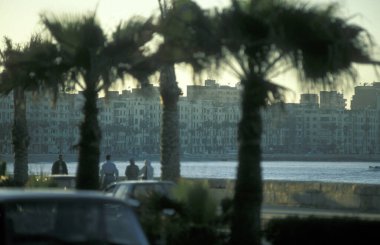 İskenderiye şehrindeki al Corniche Yolu kıyısında Akdeniz kıyısında, Kuzey Afrika 'da Mısır' da. Mısır, İskenderiye, Mart 2000