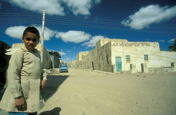 Ένα Αγόρι Στην Πόλη Και Oasis Της Farafra Στη Λιβυκή — Φωτογραφία Αρχείου