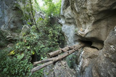 Kuzey Tayland 'da Lampang şehrinin kuzeyindeki Wat Phra Bat Phu Pha Daeng veya Wat Chalermprakiet Prajomklao Rachanusorn Tapınağı' na giden yol. Tayland, Lampang, Kasım 2016