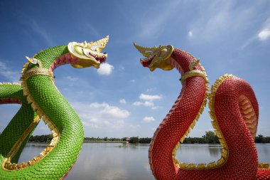 Tayland 'ın Chachoengsao şehrindeki Mueang Chachoengsao şehrindeki Wat Saman Rattanaram' da büyük bir Naga heykeli. Tayland, Chachoengsao, Kasım, 3, 2023