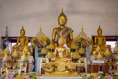 Chachoengsao şehrinin Mueang Chachoengsao şehri yakınlarındaki Wat Bang Prongtham Chotikaram 'da altın Buda. Tayland, Chachoengsao, 5 Kasım 2023