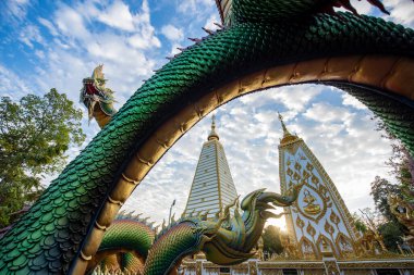 Tayland, Ubon Ratchathani - 24 Kasım 2023: Tayland 'ın Ubon Ratchathani ve Tayland' ın Ubon Ratchathani kentindeki Nong Bua Tapınağı 'ndaki Sri Maha Pho Chedi' yi çevreleyen Gökkuşağı Yılanı.