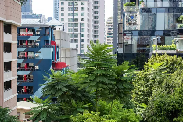 Tayland 'ın Bangkok şehrinde Silom' da yüksek binaları olan bir restoranın küçük bir tapınağı. Tayland, Bangkok, 4 Aralık 2023