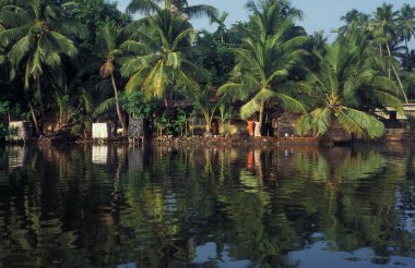 Hindistan 'ın Kerala ilinin Kochi veya Cochin kenti yakınlarındaki sahil kıyısındaki Lagoon ve Backwater' daki bir kanaldaki bir köyde yaşayan insanlar. Hindistan, Koçin, Nisan 1998