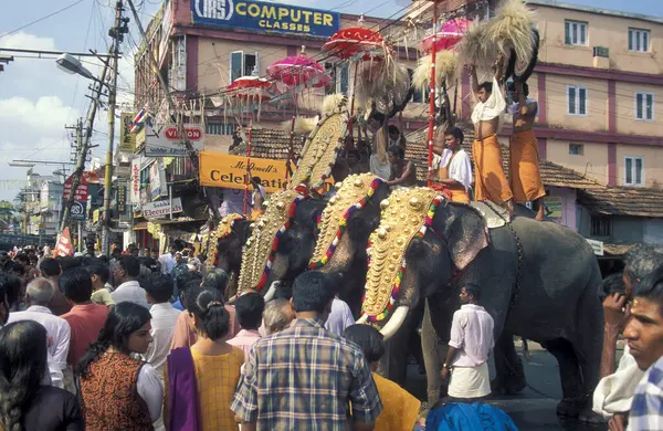 stock image Farmers with their Elephants at the traditional Pooram or Elephant Festival and Temple Festival in the city of Thrissur or Trichur in the Province Kerala in India. India, Thrissur, April, 1998