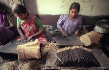 Hindistan 'ın Karnataka ilinin Mysore şehrinde Tütsü Aile Fabrikası' nın Genç Kadın ve Kızları çalışmaya devam ediyor. Hindistan, Mysore, Mart 1998