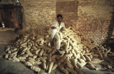 Hindistan 'ın Karnataka eyaletindeki Mysore şehrinde aile yün fabrikasında çalışan bir adam. Hindistan, Mysore, Mart 1998