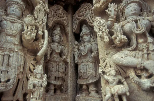 stock image The Hindu Temple Ruins of Chennakeshava Temple with stone carving figures, also  Keshava, Kesava or Vijayanarayana Temple in the town of Belur in the Province of Karnataka in India.  India, Karnataka, March, 1998  