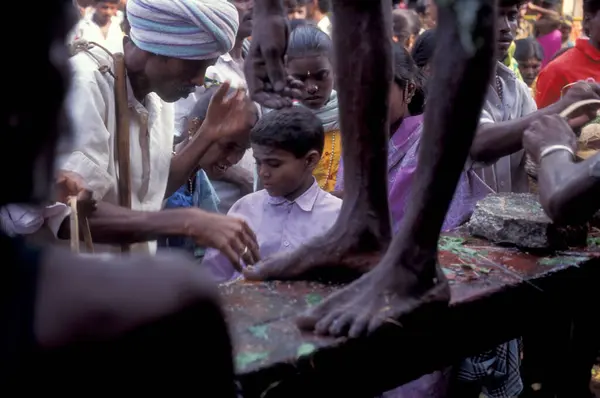 stock image a coconut ceremony at Holi Hindu Temple Festival at the Virupaksha Temple in the town of Hampi in the Province of Karnataka in India. 