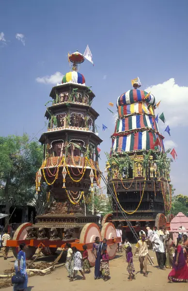 stock image Temple wagon at the Holi Hindu Temple Festival at the Virupaksha Temple in the town of Hampi in the Province of Karnataka in India.