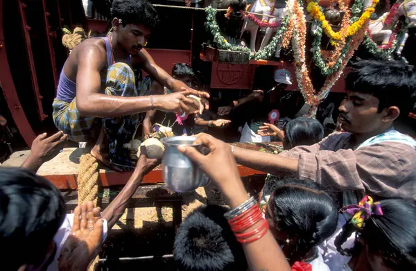 stock image a coconut ceremony at Holi Hindu Temple Festival at the Virupaksha Temple in the town of Hampi in the Province of Karnataka in India. 