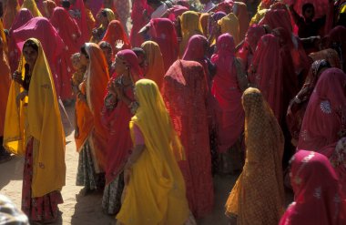 Geleneksel giyinmiş Rajasthani Kadınları Hindistan 'ın Rajasthan ilindeki Pushkar kasabasında düzenlenen geleneksel bir cenaze töreninde. Hindistan, Pushkar, Ocak 1998