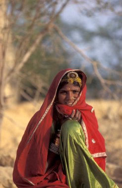 Hindistan 'ın Rajasthan ilindeki Jaisalmer kasabasındaki bir Rajasthani kadınının portresi. Hindistan, Jaisalmer, Ocak 1998