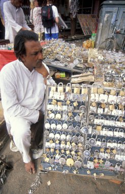 a key lock shop in the City of Jaipur in the Province of Rajasthan in India.  India, Jaipur, January, 1998 clipart