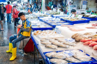 Tayland, Tayland, Pattaya, Kasım 2024 'te Pattaya City ve Chonburi' nin yanındaki Naklua City 'deki yeni Naklua Gıda Pazarı' nda taze deniz ürünleri ve balık.