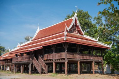 Wood Pavillon, Tayland 'ın kuzeyindeki Phitsanulok şehrindeki Wat Chan Tawan Tok' ta. Tayland, Phitsanulok, 30 Kasım 2024.