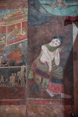 Tayland, Nan: 16 Kasım 2024 - Kuzey Tayland 'da Nan şehrindeki Wat Phumin' de duvar resimleri.  