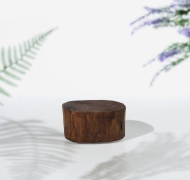 Wood podium stage with shadow of leaf background for product presentation,Spring and summer.