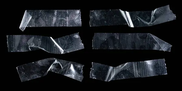 Set Transparent Adhesive Plastic Tape Pieces Isolated Black Background Crumpled — Photo