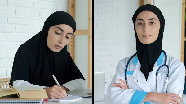 A Muslim woman in a hijab is a doctor in the Arab world. occupations of Arab women. The freedom of women in Islam in the choice of education and the profession of a teacher and a nurse.