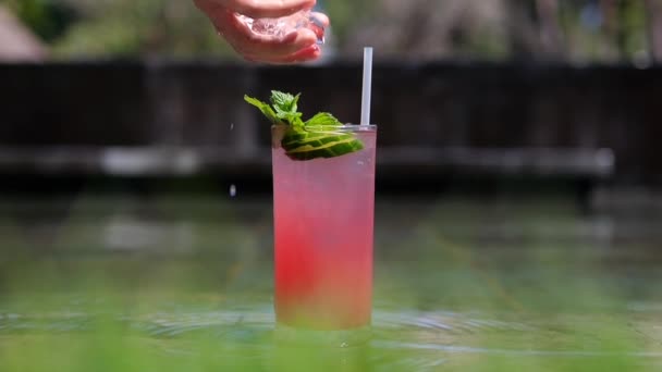 Beautiful Slow Motion Video Ice Cubes Dipped Glass Red Mojito — Video Stock