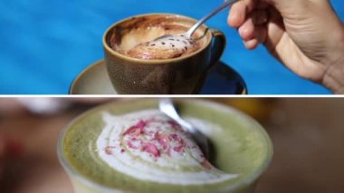 Choice between matcha tea and coffee. Video with hot drinks coffee and matcha. Invigorating frothy coffee or healthy matcha tea for your health. Caffeine replacement for caffeine addiction.