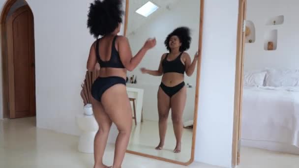 Female Size Model Dances Home Front Mirror Black Lingerie Woman — Stock Video