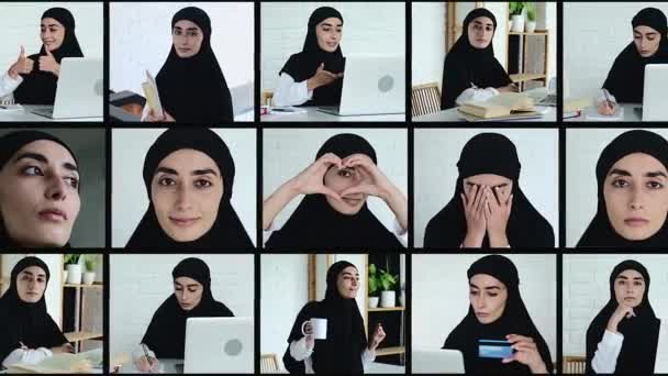 Multi Pantalla Con Modelo Musulmán Con Diferentes Emociones Actividades Derechos — Vídeo de stock