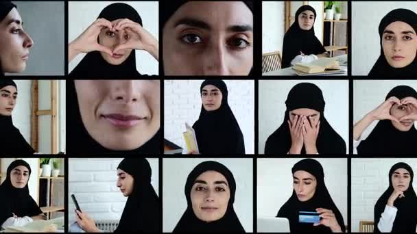 Videomontage Een Collage Met Een Model Van Arabische Verschijning Een — Stockvideo