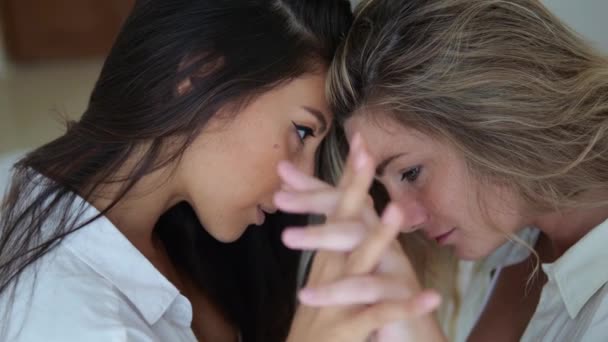 Close Faces Beautiful Girls Who Clench Palms Fingers Crossed Sensual — Vídeo de Stock