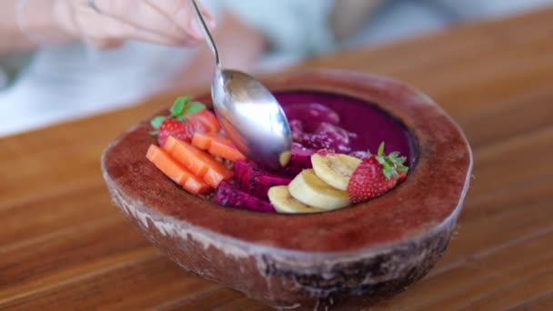 Café Manhã Saudável Frutas Maduras Para Enchê Energia Durante Todo — Vídeo de Stock