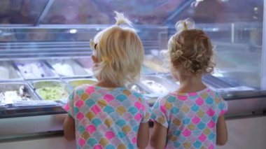 Buying ice cream for the kids at the candy store. Two toddlers stand at the ice cream counter waiting for a sweet treat made from sugar and milk. The concept of eating fat and sweet from childhood.