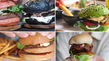 Collage of different types of burgers. High-calorie but tasty food hamburgers with beef, pork, chicken, fish and plant-based meat. Hamburger Consumption in American Culture.