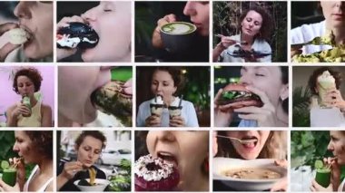 Multiscreen with a woman who eats various foods, a woman eats fast food and drinks with colorful cocktails. Eating various healthy food and junk food. The concept of a woman eating delicious dishes.