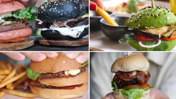 Collage Different Types Burgers High Calorie Tasty Food Hamburgers Beef — Video Stock