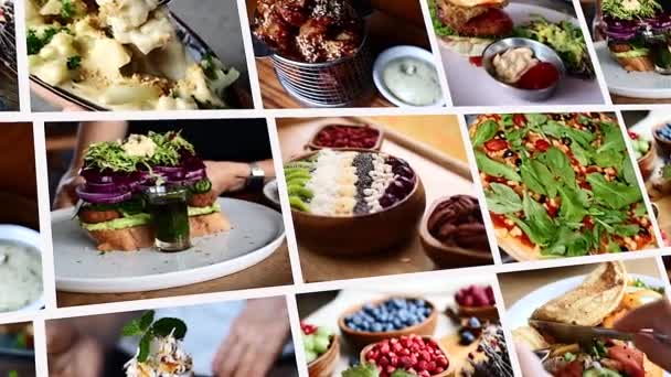 Коллаж Наполнен Вегетарианскими Блюдами Натуральных Продуктов Ресторанная Еда Настоящих Гурманов — стоковое видео