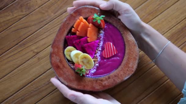 Wholesome Breakfast Ripe Fruits Coconut Shell Plates Nutrition Fill You — Vídeo de Stock