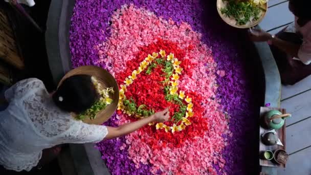 Employees Spa Hotel Prepare Bath Fill Flower Petals Various Colors — Vídeo de stock