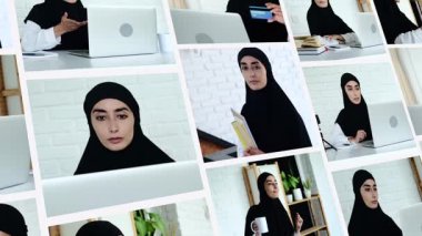 Collage with a Muslim woman who can do anything, learns to work and have fun. Rights and freedoms of women. Portrait of a Muslim woman in a black hijab smiling sweetly and looking at the camera.