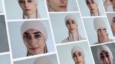Multiscreen with a beautiful model of Arab appearance in a traditional hijab with different emotions. Portrait of a Muslim woman in a hijab looking at the camera. The life of Islamic women.