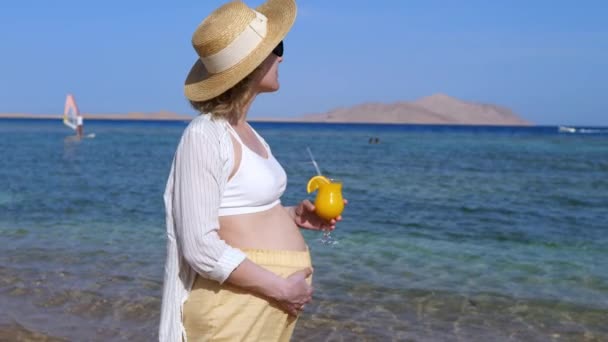 Pregnant Woman Hat Stands Seashore Strokes Her Tummy Woman Drinks — Wideo stockowe