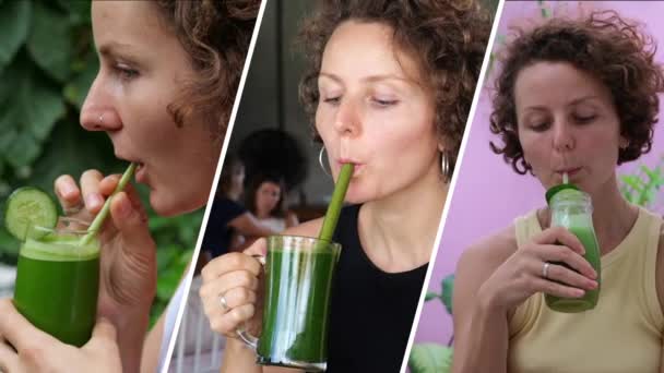 Collage Woman Green Healthy Smoothie Woman Eats Right Drinks Detox — Wideo stockowe