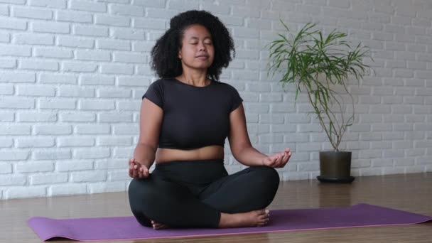 Mujer Practica Yoga Una Amplia Habitación Luminosa Sobre Una Alfombra — Vídeo de stock