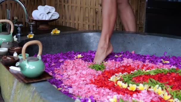 Woman Gently Lowers Her Legs Bath Filled Various Flowers Aromatherapy — Video
